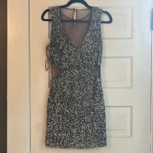 Parker Grey Sequin Min Dress with Mesh Cutouts